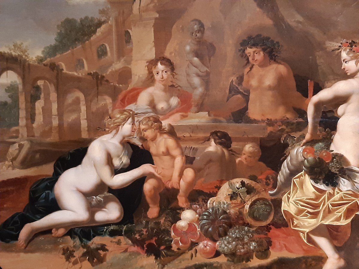 Dipinto olio su tavola neoclassico raffigurante baccanale con divinità mitologiche-photo-4