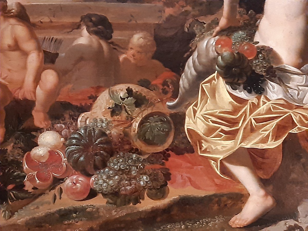 Dipinto olio su tavola neoclassico raffigurante baccanale con divinità mitologiche-photo-1