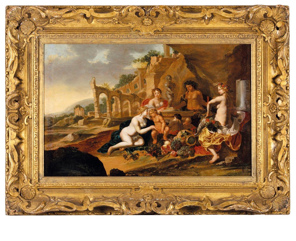 Dipinto olio su tavola neoclassico raffigurante baccanale con divinità mitologiche