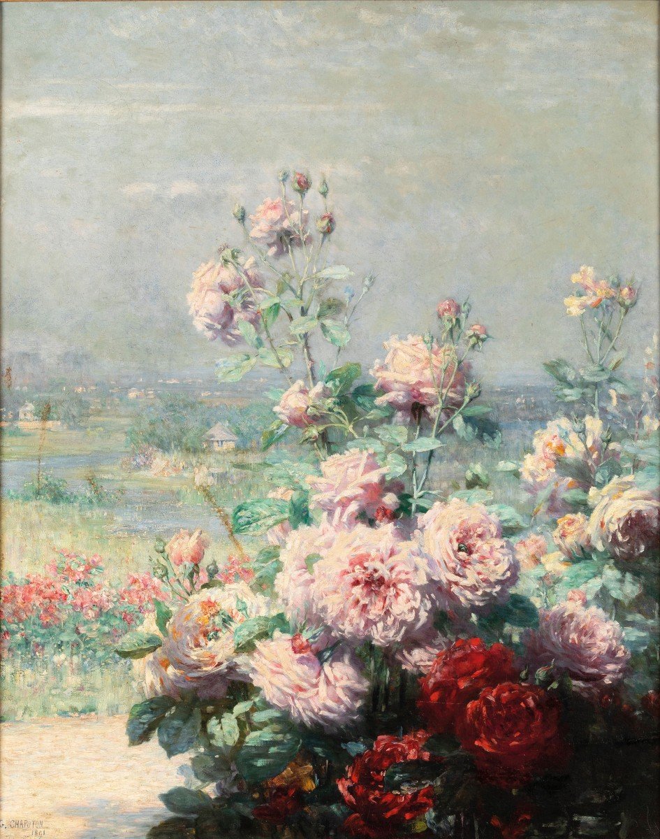 Dipinto olio su tela,paesaggio con fiori-photo-2