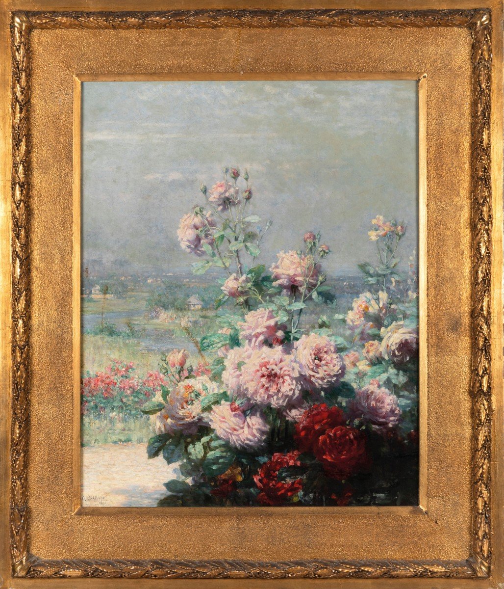 Dipinto olio su tela,paesaggio con fiori