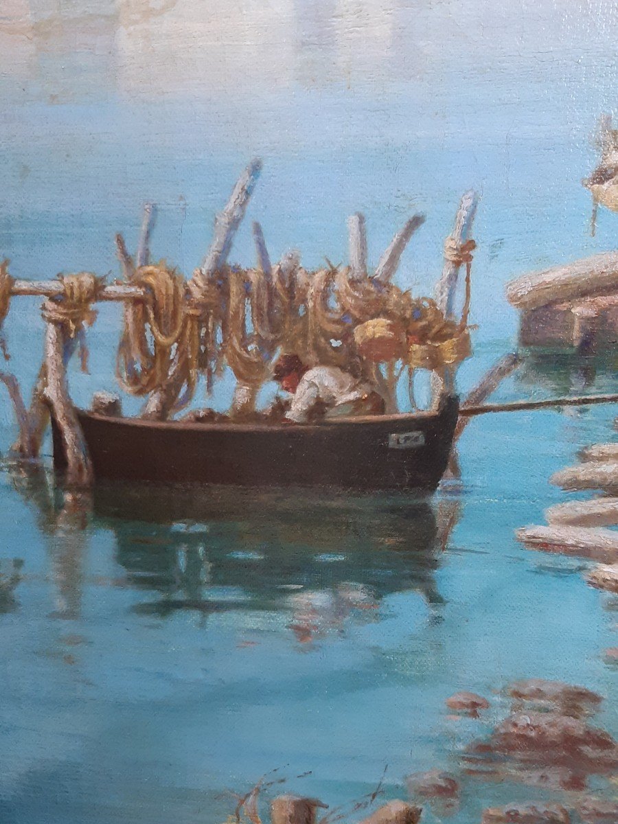Grande dipinto Italiano , olio su tela, paesaggio Marino con pescatori-photo-2