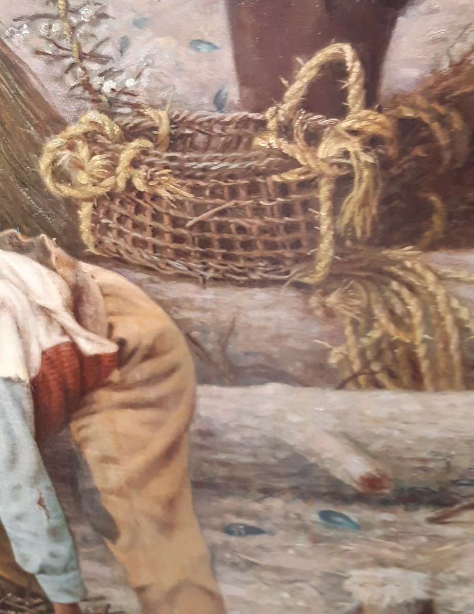 Grande dipinto Italiano , olio su tela, paesaggio Marino con pescatori-photo-3