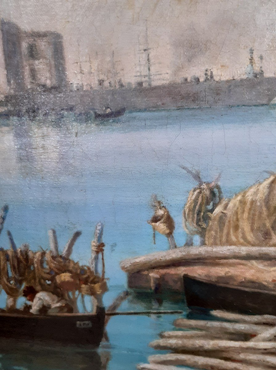 Grande dipinto Italiano , olio su tela, paesaggio Marino con pescatori-photo-4