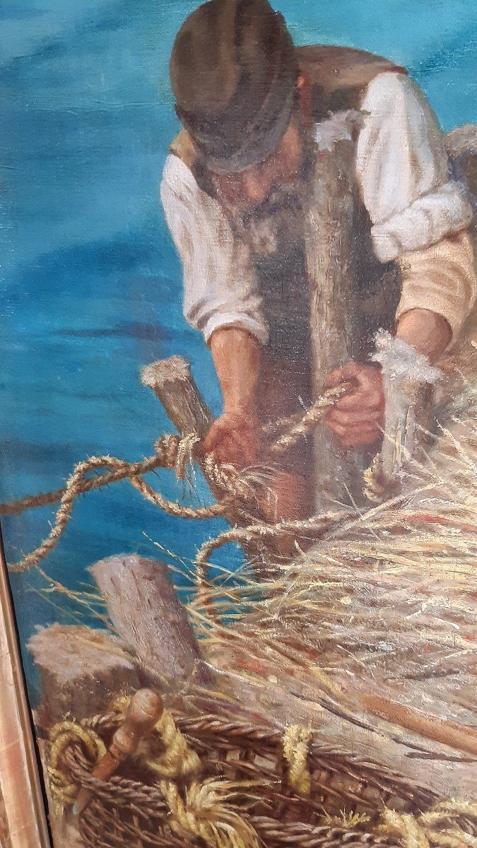 Grande dipinto Italiano , olio su tela, paesaggio Marino con pescatori-photo-1