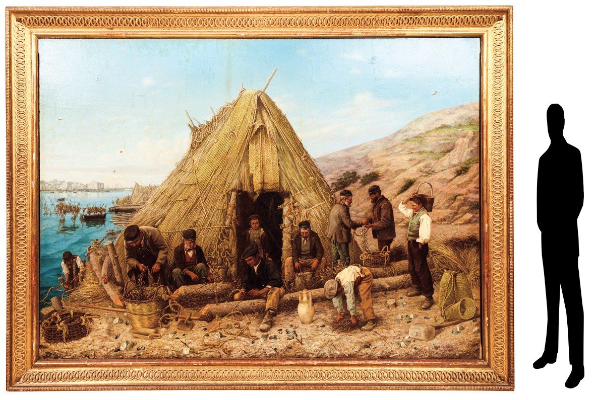 Grande dipinto Italiano , olio su tela, paesaggio Marino con pescatori