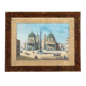 Veduta di piazza del Popolo,Roma,Gouache su carta