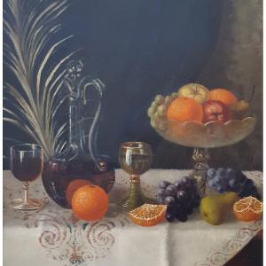 Dipinto olio su tela, composizione di frutta e bottiglia di vino