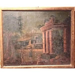 Dipinto olio su tavola " paesaggio con rovine classiche"