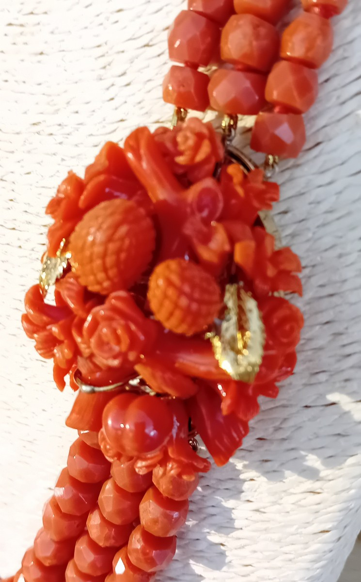 Grande collana a tre fili in corallo di Sciacca e oro-photo-1