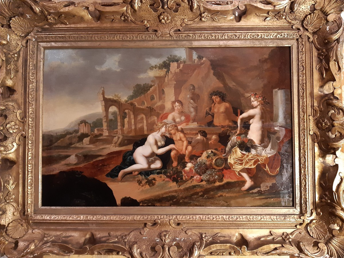 dipinto neoclassico, olio su tavola, baccanale , scuola Olandese del 700-photo-1