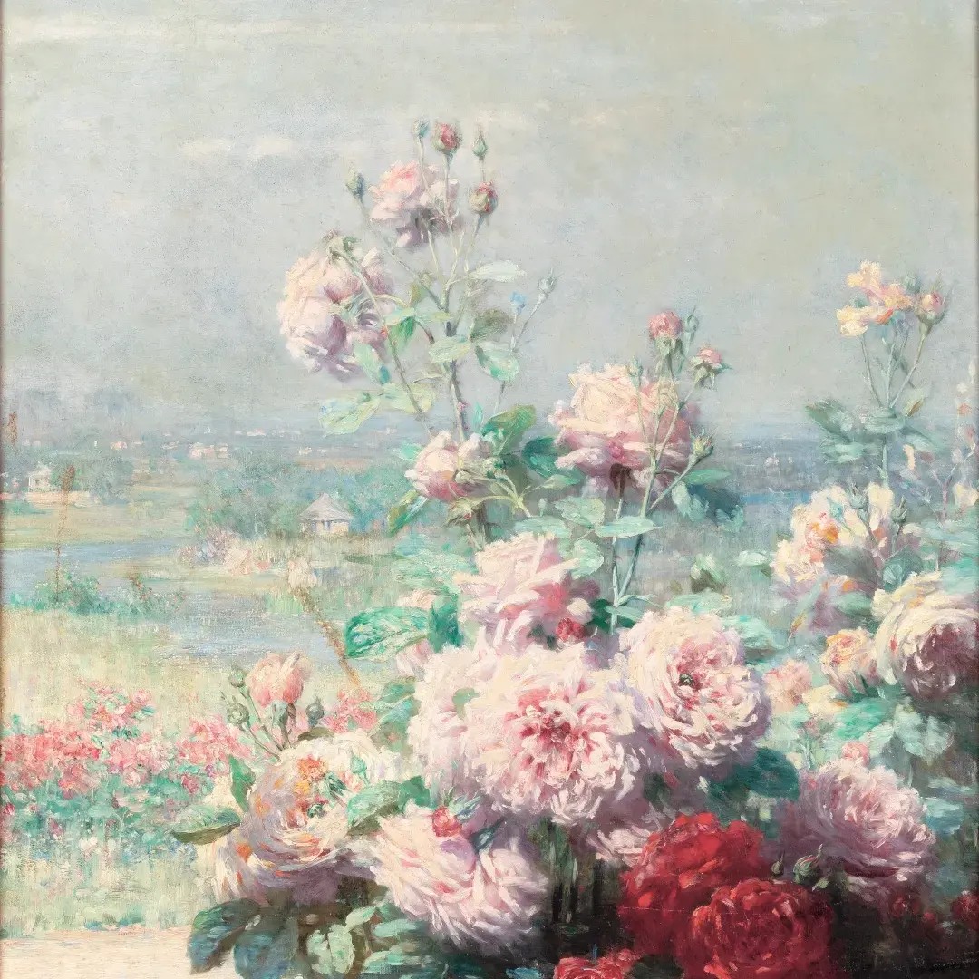dipinto francese, paesaggio con fiori, dell'800-photo-3