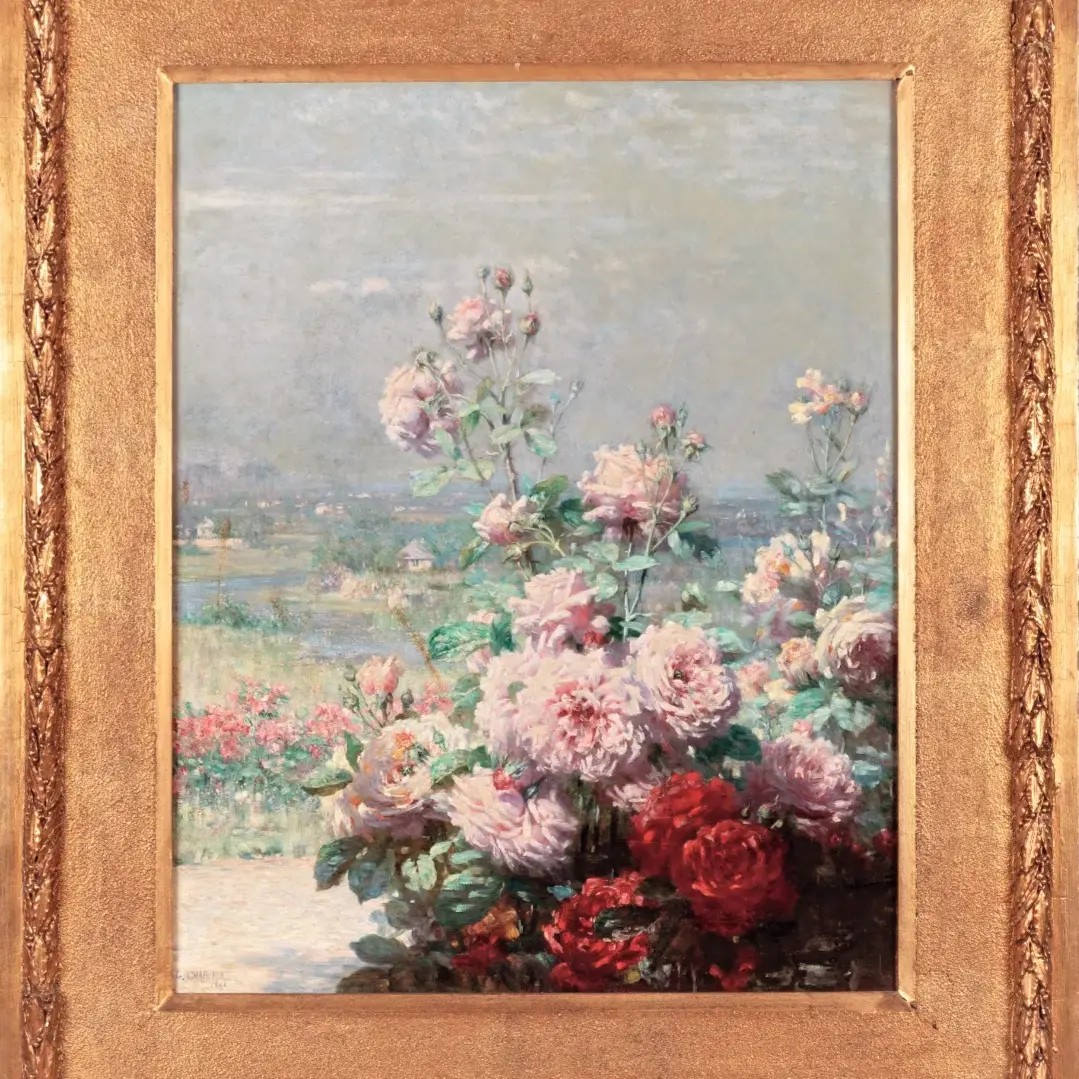 dipinto francese, paesaggio con fiori, dell'800-photo-4