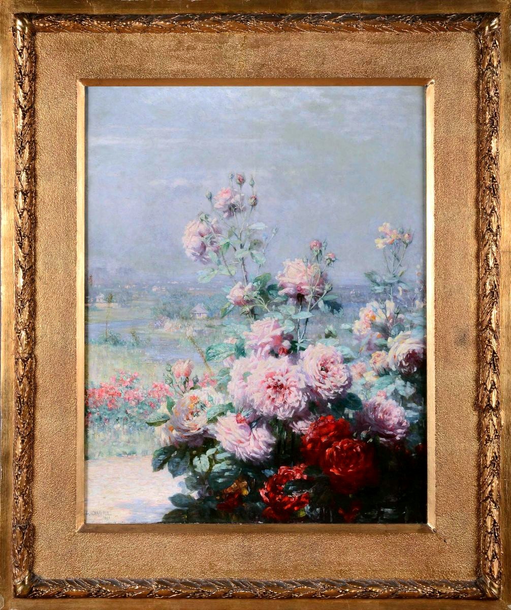 dipinto francese, paesaggio con fiori, dell'800