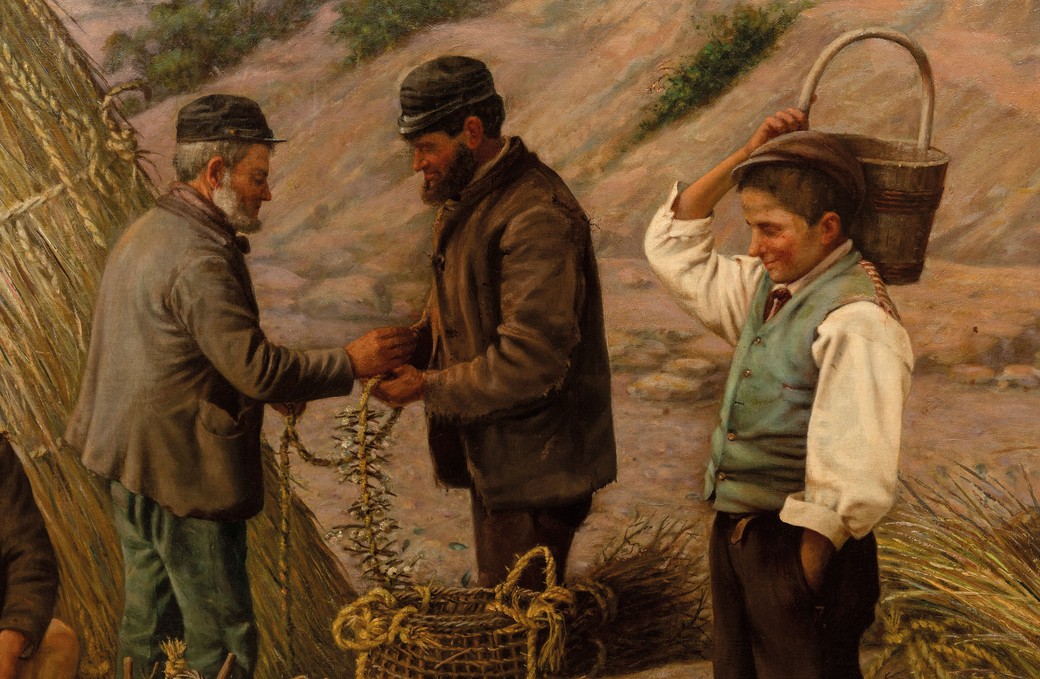 Grande dipinto Italiano, marina con pescatori, Taranto 1900-photo-3