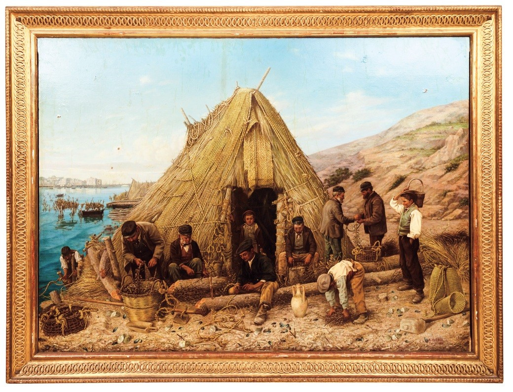 Grande dipinto Italiano, marina con pescatori, Taranto 1900