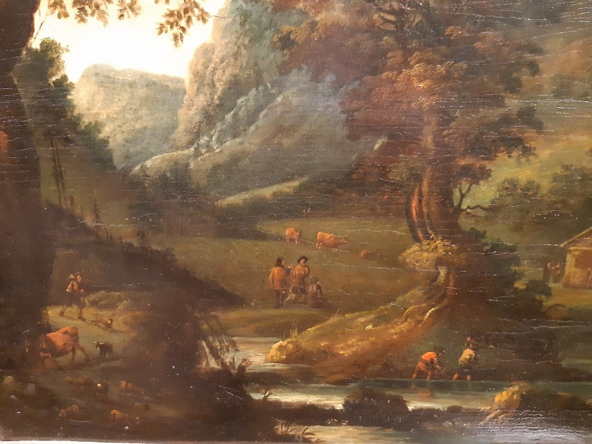 antico dipinto, olio su tavola, paesaggio con armenti e contadini, scuola fiamminga-photo-2
