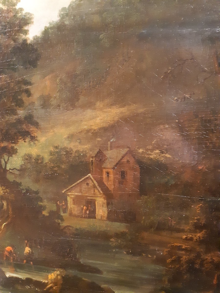 antico dipinto, olio su tavola, paesaggio con armenti e contadini, scuola fiamminga-photo-3