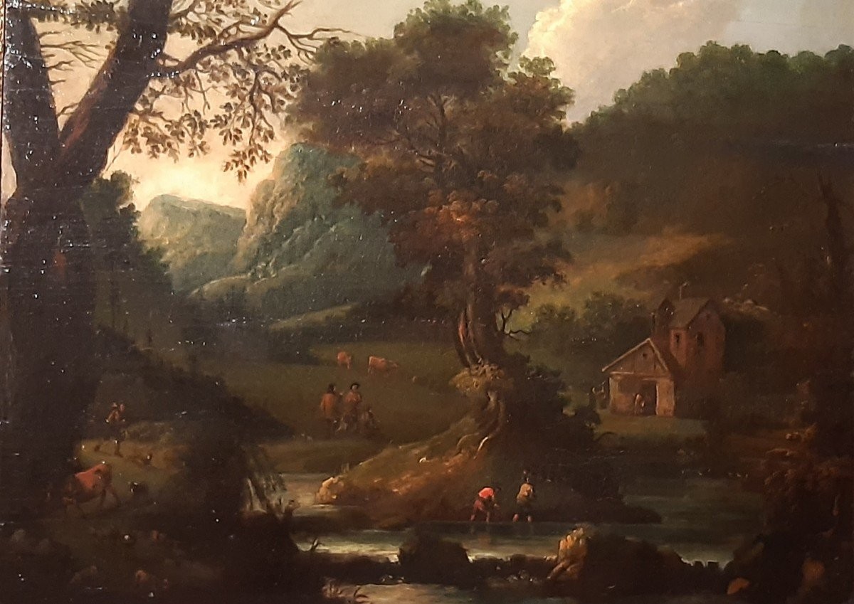 antico dipinto, olio su tavola, paesaggio con armenti e contadini, scuola fiamminga-photo-1