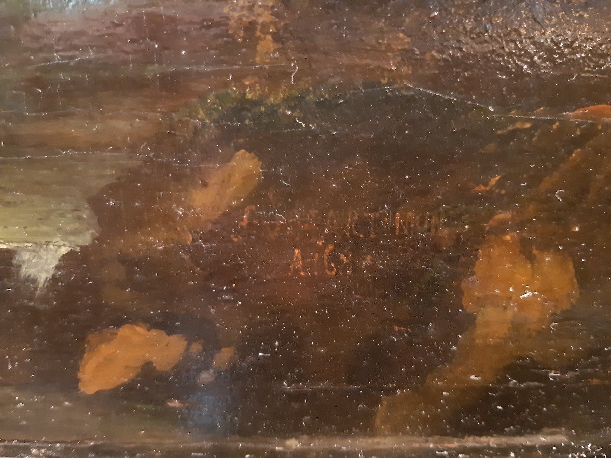 antico dipinto, olio su tavola, paesaggio con armenti e contadini, scuola fiamminga-photo-2