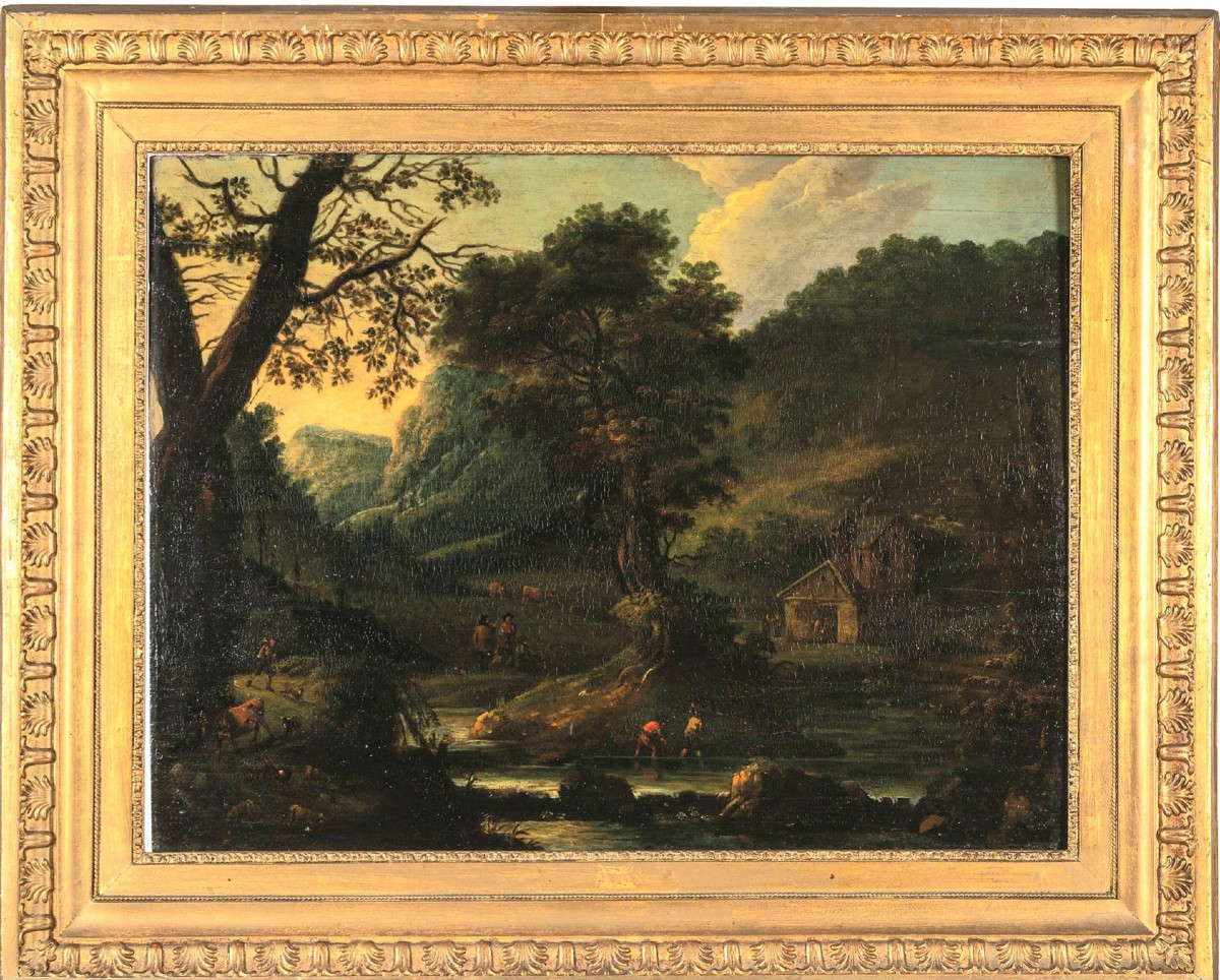 antico dipinto, olio su tavola, paesaggio con armenti e contadini, scuola fiamminga-photo-4