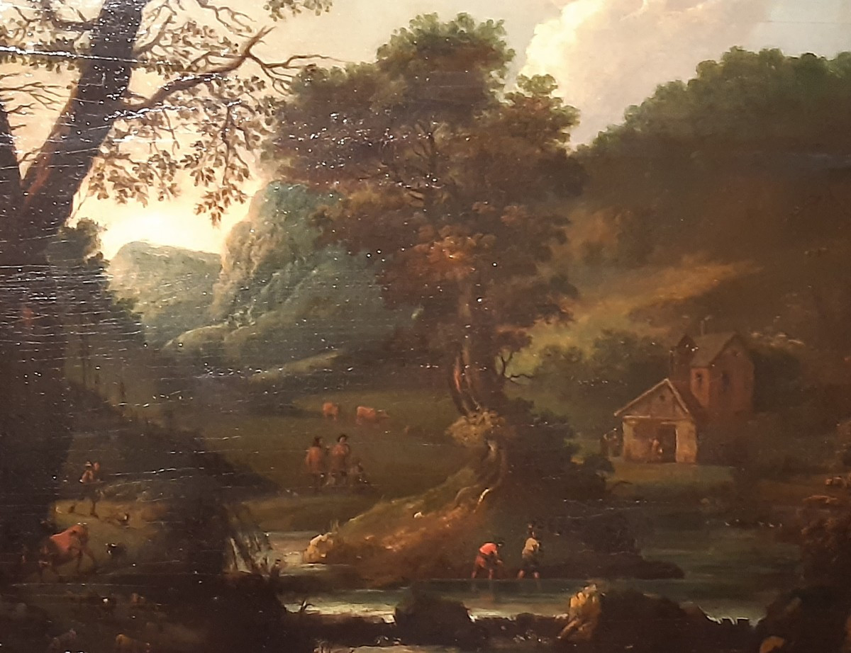antico dipinto, olio su tavola, paesaggio con armenti e contadini, scuola fiamminga