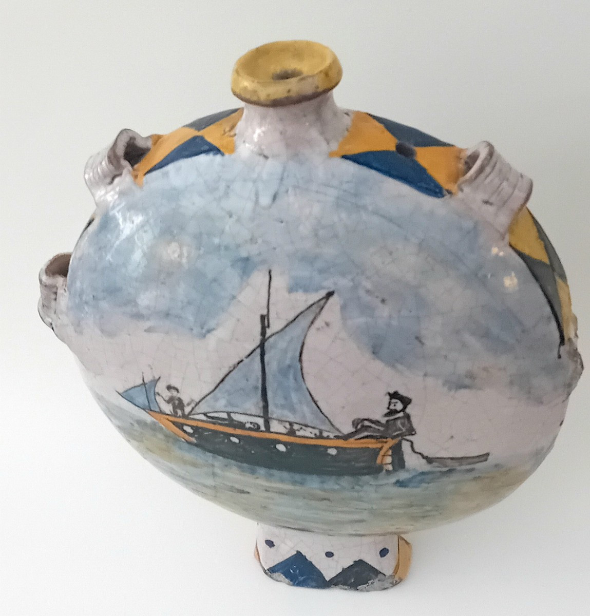 antica fiasca in maiolica decorata  policroma