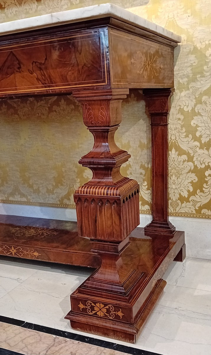 coppia di antiche consolle Carlo X° in noce intarsiate-photo-3