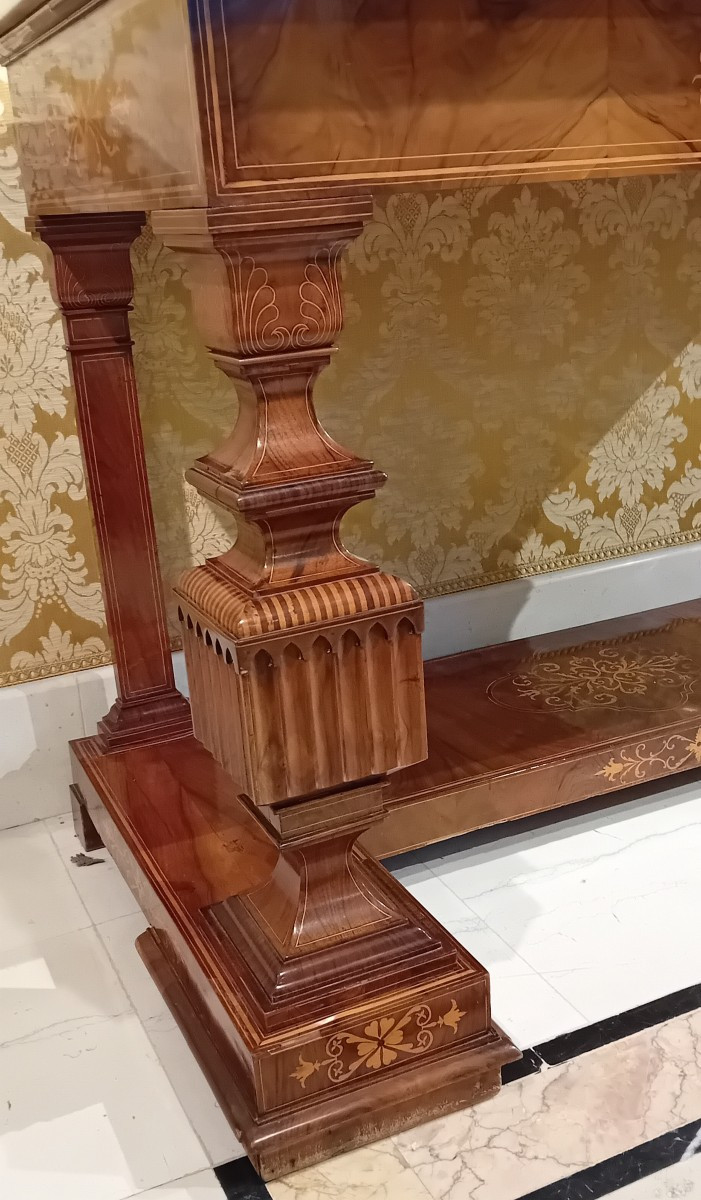 coppia di antiche consolle Carlo X° in noce intarsiate-photo-4