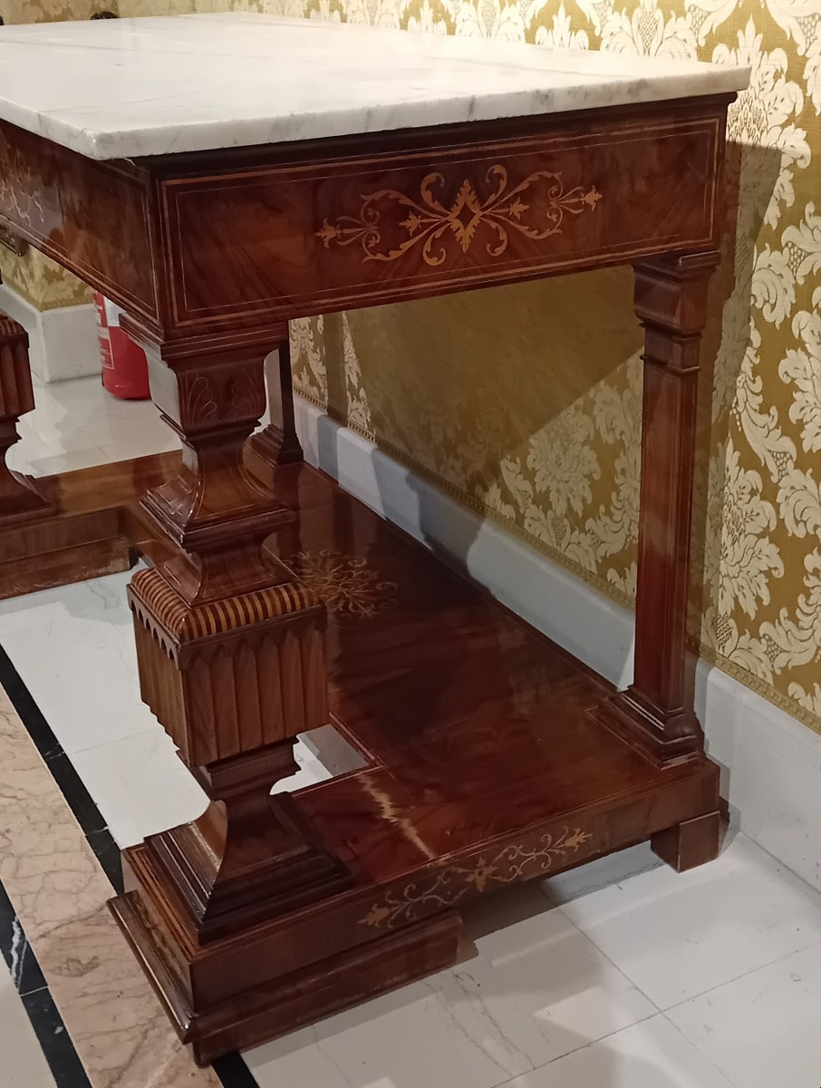 coppia di antiche consolle Carlo X° in noce intarsiate-photo-1