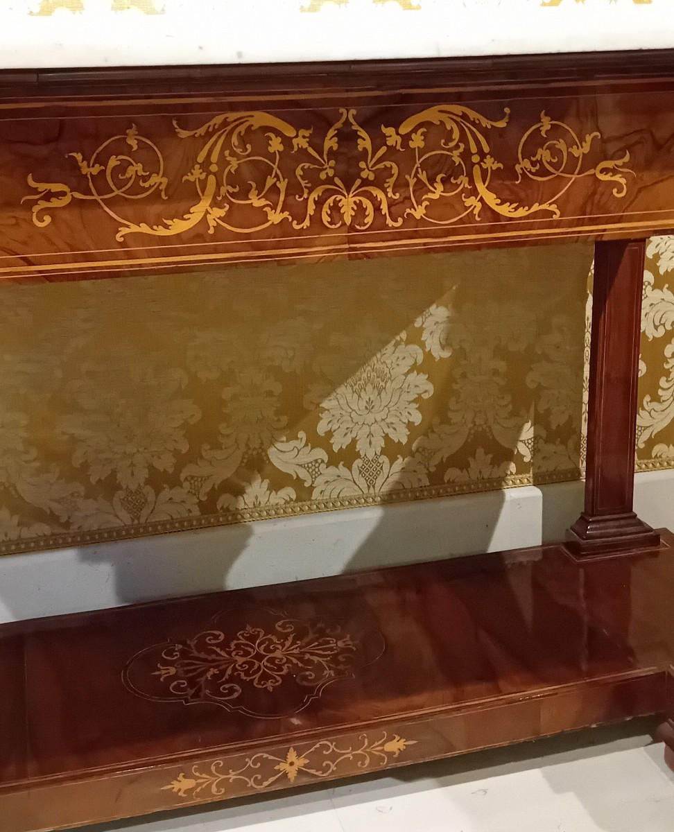 coppia di antiche consolle Carlo X° in noce intarsiate-photo-2