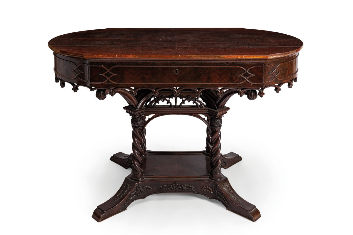 antico tavoli da centro con cassetto, in piuma di mogano