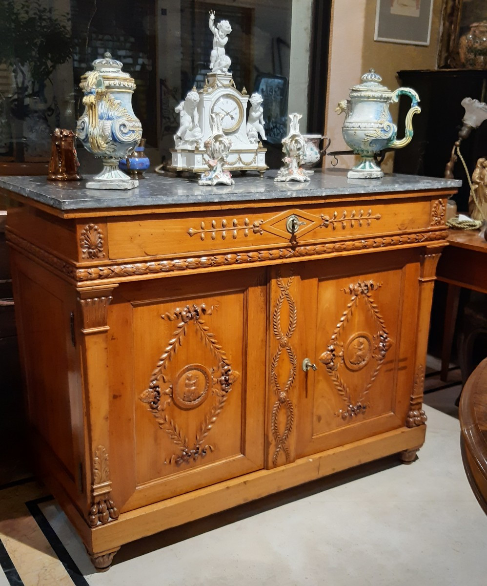 antico mobile Impero con sportelli e cassetto. piano in marmo con intrusioni fossili -photo-2