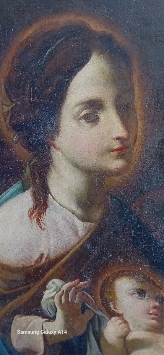 Antico dipinto, Sacra Famiglia, olio su tela, scuola Emiliana del XVIII secolo-photo-2