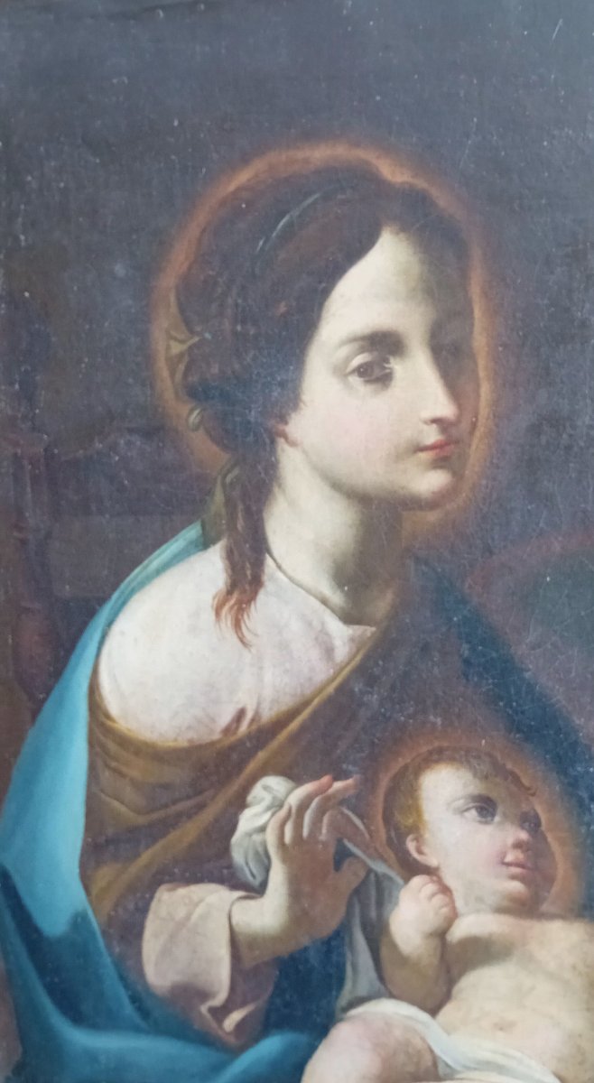 Antico dipinto, Sacra Famiglia, olio su tela, scuola Emiliana del XVIII secolo-photo-3