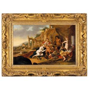 dipinto neoclassico, olio su tavola, baccanale , scuola Olandese del 700