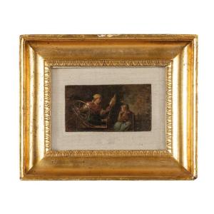 antico dipinto Italiano, olio su tavola , scena di interno
