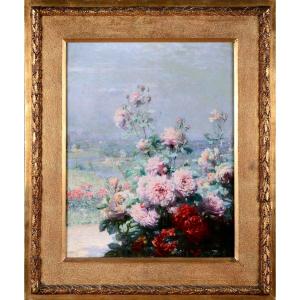 dipinto francese, paesaggio con fiori, dell'800