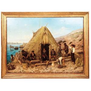 Grande dipinto Italiano, marina con pescatori, Taranto 1900