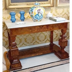 coppia di antiche consolle Carlo X° in noce intarsiate
