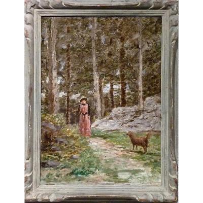 Young Woman And Her Dog On A Path To The Col De La Luère -