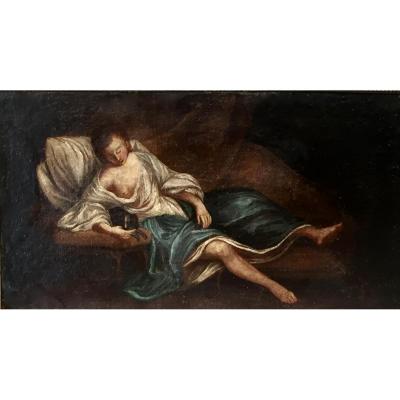 Woman On Couch Dog On Pedestal Table - XVIII Th - Unsigned