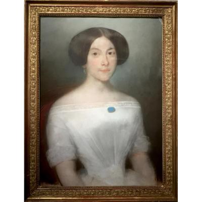 Years 1830 - Young Woman With Turquoise Pin - Not Signed
