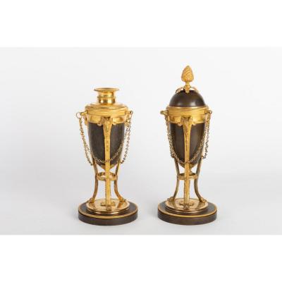 Pair Of Bronze Cassolettes / Candlesticks
