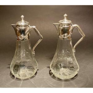 Pair Of Ewers Or Wine Carafes In Crystal And Silver Mounts Decorated With Flowers - Art Nouveau