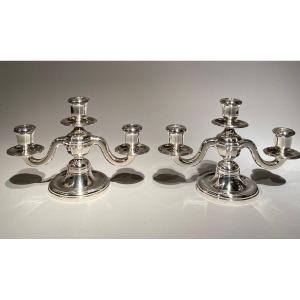 Pair Of Art Deco Style Candelabras, Sterling Silver, Tétard And Frères Paris