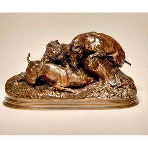 Group Of Dogs At The Burrow By Pierre - Jules Mène - Bronze Barbedienne