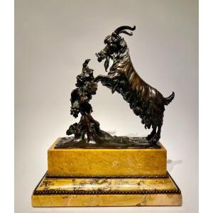 A Bronze Goat On A Sienna Marble Base