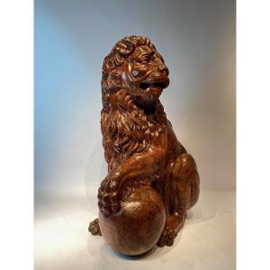 A Large Medici Lion Carved In Linden Wood, Life Size