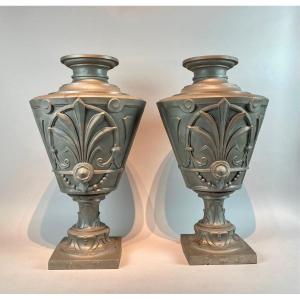 A Beautiful Pair Of Cast Iron Vases By Foundry Faure Père & Fils , 1925